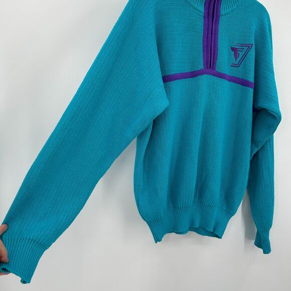 TYROLIA Men's Vintage Teal Blue Purple Wool Knit 1/4 Zip Pullover Sweater Medium - Picture 5 of 7